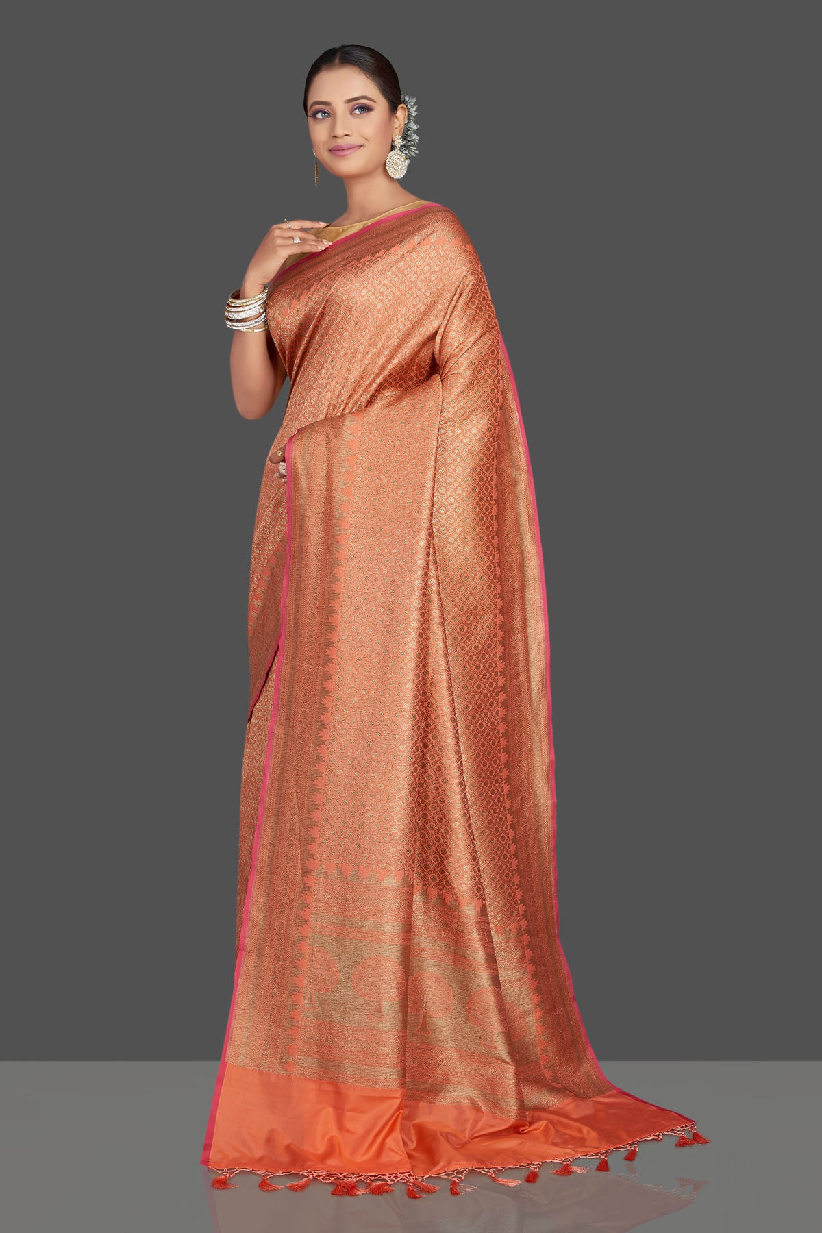 Shop gorgeous orange tussar Banarasi saree online in USA with overall zari work. Look your best on special occasions with stunning Banarasi sarees, pure silk saris, tussar saris, handwoven sarees from Pure Elegance Indian saree store in USA.-pallu