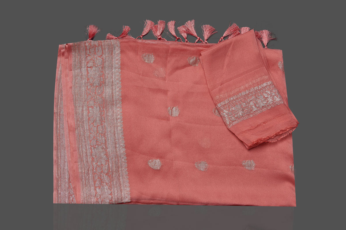 Buy beautiful light pink chiffon georgette saree online in USA with silver zari border. Look your best on special occasions with stunning Banarasi sarees, pure silk saris, tussar saris, handwoven sarees from Pure Elegance Indian saree store in USA.-blouse