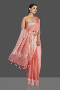 Buy beautiful light pink chiffon georgette saree online in USA with silver zari border. Look your best on special occasions with stunning Banarasi sarees, pure silk saris, tussar saris, handwoven sarees from Pure Elegance Indian saree store in USA.-full view