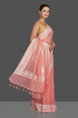 Buy beautiful light pink chiffon georgette saree online in USA with silver zari border. Look your best on special occasions with stunning Banarasi sarees, pure silk saris, tussar saris, handwoven sarees from Pure Elegance Indian saree store in USA.-side