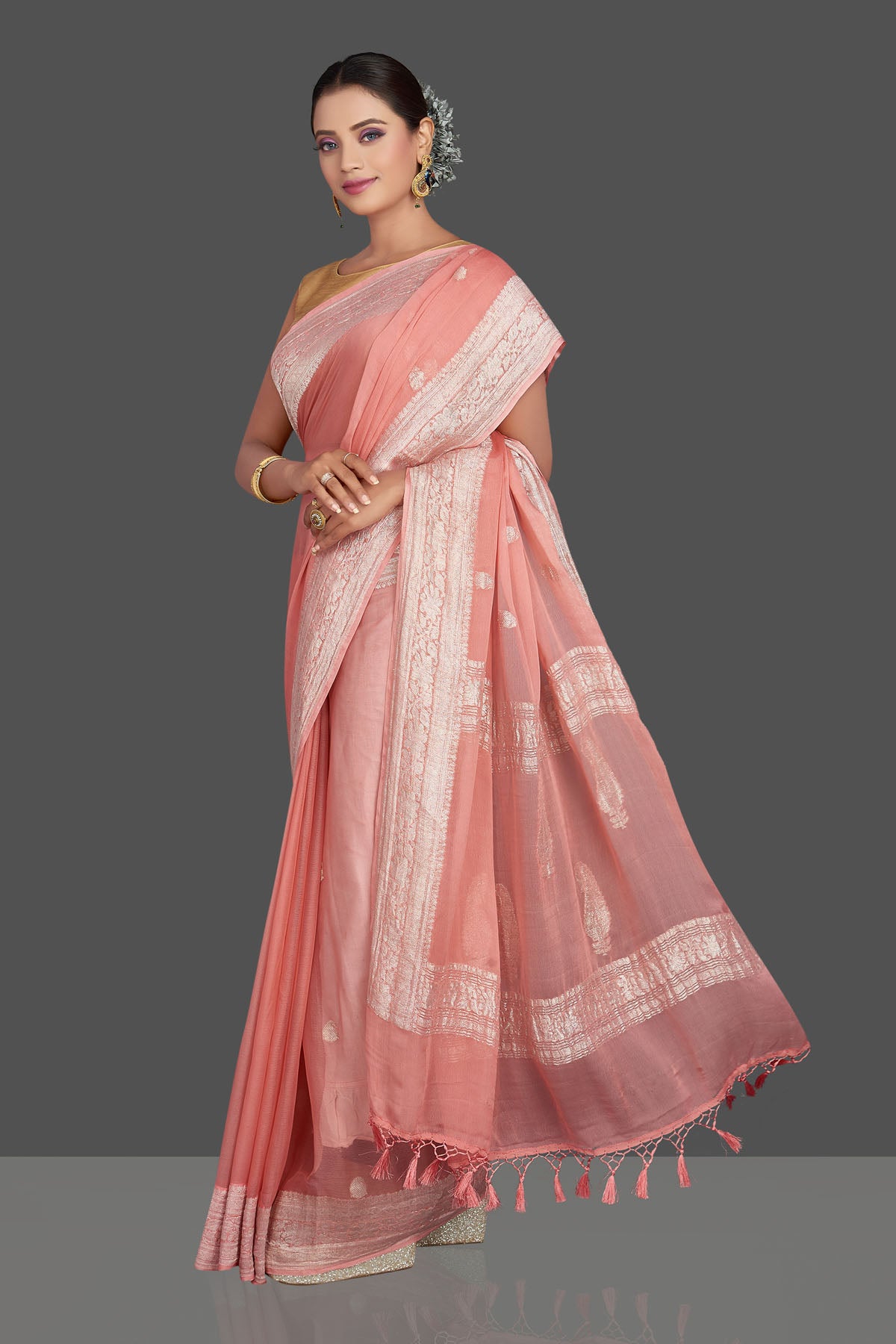 Buy beautiful light pink chiffon georgette saree online in USA with silver zari border. Look your best on special occasions with stunning Banarasi sarees, pure silk saris, tussar saris, handwoven sarees from Pure Elegance Indian saree store in USA.-pallu