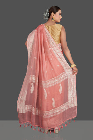 Buy beautiful light pink chiffon georgette saree online in USA with silver zari border. Look your best on special occasions with stunning Banarasi sarees, pure silk saris, tussar saris, handwoven sarees from Pure Elegance Indian saree store in USA.-back