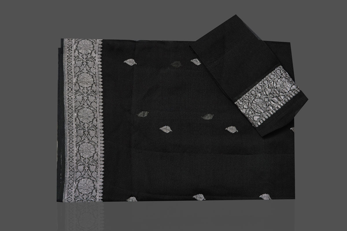 Shop gorgeous black chiffon georgette Banarasi saree online in USA with silver zari border. Look your best on special occasions with stunning Banarasi sarees, pure silk saris, tussar saris, handwoven sarees from Pure Elegance Indian saree store in USA.-blouse