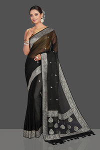 Shop gorgeous black chiffon georgette Banarasi saree online in USA with silver zari border. Look your best on special occasions with stunning Banarasi sarees, pure silk saris, tussar saris, handwoven sarees from Pure Elegance Indian saree store in USA.-full view