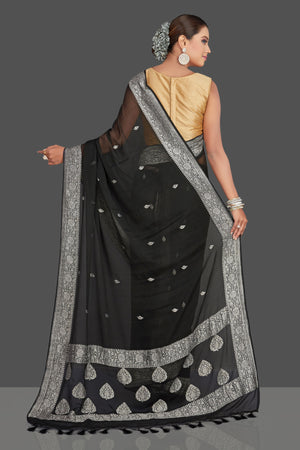 Shop gorgeous black chiffon georgette Banarasi saree online in USA with silver zari border. Look your best on special occasions with stunning Banarasi sarees, pure silk saris, tussar saris, handwoven sarees from Pure Elegance Indian saree store in USA.-back