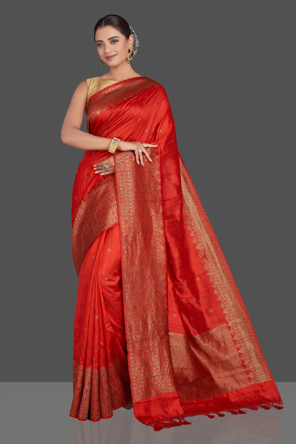Shop stunning red tussar Banarasi saree online in USA with antique zari border. Look your best on special occasions with stunning Banarasi saris, pure silk saris, tussar sarees, handwoven sarees from Pure Elegance Indian saree store in USA.-full view