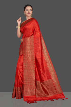 Shop stunning red tussar Banarasi saree online in USA with antique zari border. Look your best on special occasions with stunning Banarasi saris, pure silk saris, tussar sarees, handwoven sarees from Pure Elegance Indian saree store in USA.-pallu