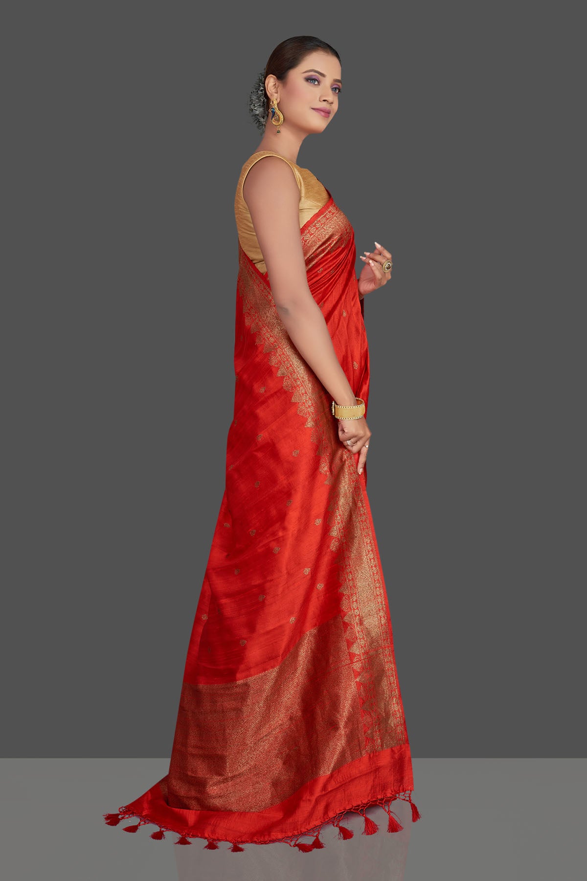 Shop stunning red tussar Banarasi saree online in USA with antique zari border. Look your best on special occasions with stunning Banarasi saris, pure silk saris, tussar sarees, handwoven sarees from Pure Elegance Indian saree store in USA.-side