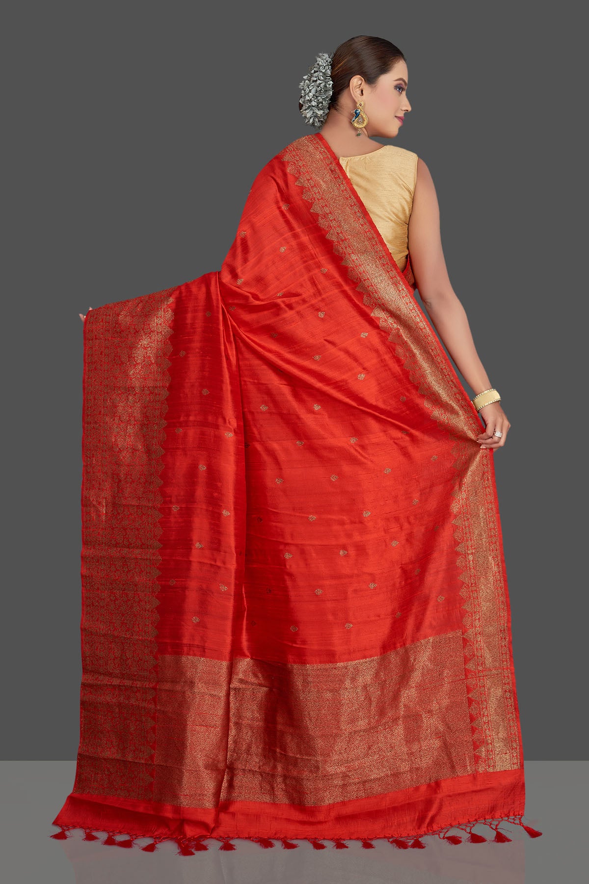 Shop stunning red tussar Banarasi saree online in USA with antique zari border. Look your best on special occasions with stunning Banarasi saris, pure silk saris, tussar sarees, handwoven sarees from Pure Elegance Indian saree store in USA.-back