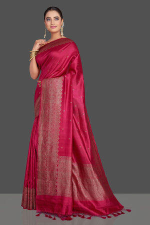 Buy gorgeous magenta tussar Banarasi saree online in USA with antique zari border. Look your best on special occasions with stunning Banarasi saris, pure silk sarees, tussar sarees, handwoven sarees from Pure Elegance Indian saree store in USA.-pallu