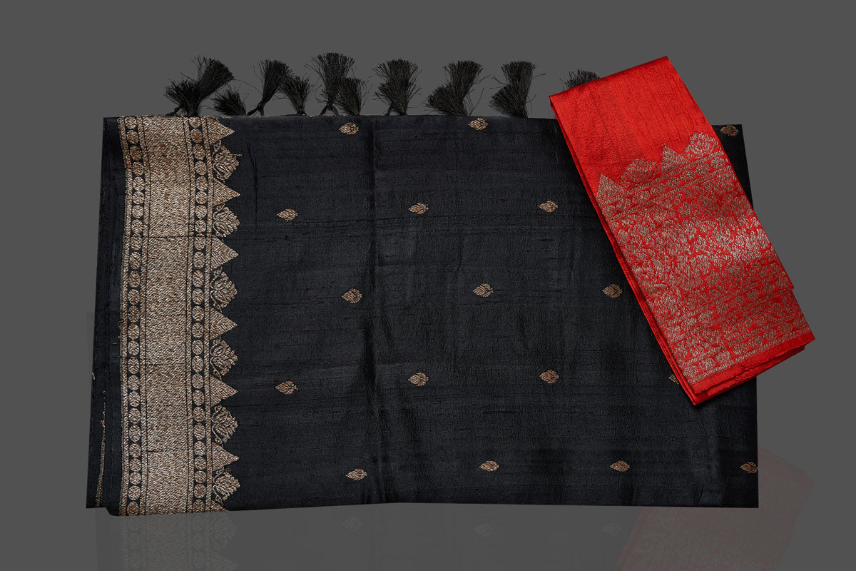 Shop black tussar Banarasi sari online in USA with antique zari border. Look your best on special occasions with stunning Banarasi saris, pure silk sarees, tussar sarees, handwoven sarees from Pure Elegance Indian saree store in USA.-blouse