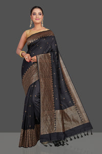 Shop black tussar Banarasi sari online in USA with antique zari border. Look your best on special occasions with stunning Banarasi saris, pure silk sarees, tussar sarees, handwoven sarees from Pure Elegance Indian saree store in USA.-full view