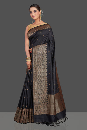 Shop black tussar Banarasi sari online in USA with antique zari border. Look your best on special occasions with stunning Banarasi saris, pure silk sarees, tussar sarees, handwoven sarees from Pure Elegance Indian saree store in USA.-pallu