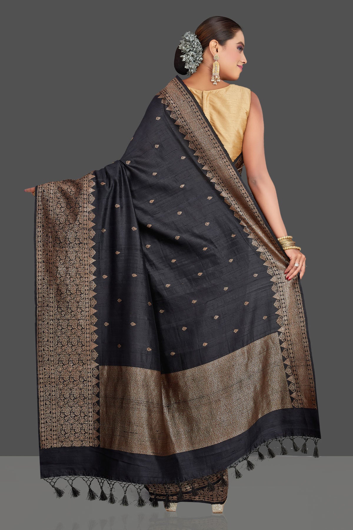 Shop black tussar Banarasi sari online in USA with antique zari border. Look your best on special occasions with stunning Banarasi saris, pure silk sarees, tussar sarees, handwoven sarees from Pure Elegance Indian saree store in USA.-back