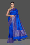 Buy stunning bright blue tussar Banarasi saree online in USA with antique zari border. Look your best on special occasions with stunning Banarasi saris, pure silk sarees, tussar sarees, handwoven sarees from Pure Elegance Indian saree store in USA.-full view