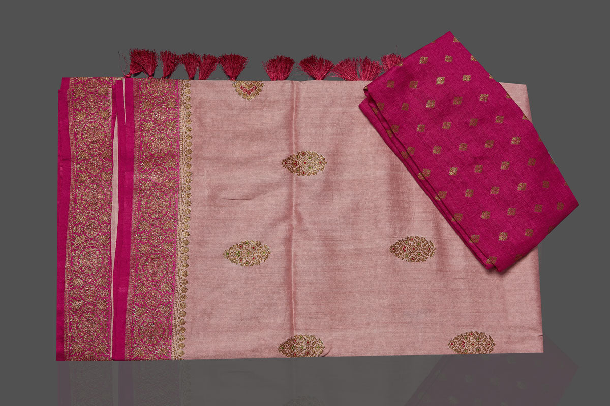 Buy beautiful light pink tussar Banarasi saree online in USA with dark pink border. Look your best on special occasions with stunning Banarasi saris, pure silk saris, tussar sarees, handwoven sarees from Pure Elegance Indian saree store in USA.-blouse