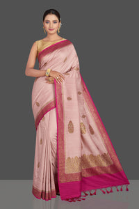 Buy beautiful light pink tussar Banarasi saree online in USA with dark pink border. Look your best on special occasions with stunning Banarasi saris, pure silk saris, tussar sarees, handwoven sarees from Pure Elegance Indian saree store in USA.-full view