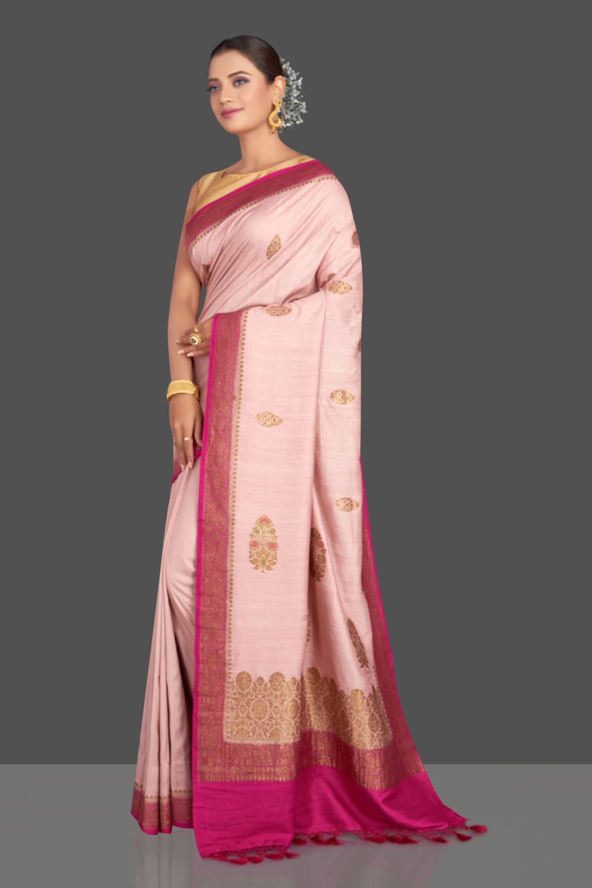 Buy beautiful light pink tussar Banarasi saree online in USA with dark pink border. Look your best on special occasions with stunning Banarasi saris, pure silk saris, tussar sarees, handwoven sarees from Pure Elegance Indian saree store in USA.-pallu
