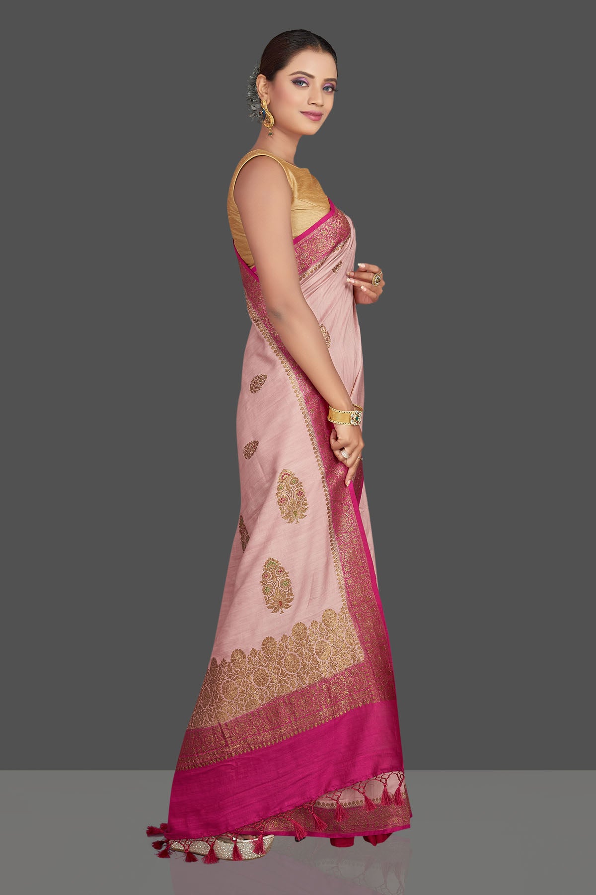 Buy beautiful light pink tussar Banarasi saree online in USA with dark pink border. Look your best on special occasions with stunning Banarasi saris, pure silk saris, tussar sarees, handwoven sarees from Pure Elegance Indian saree store in USA.-side