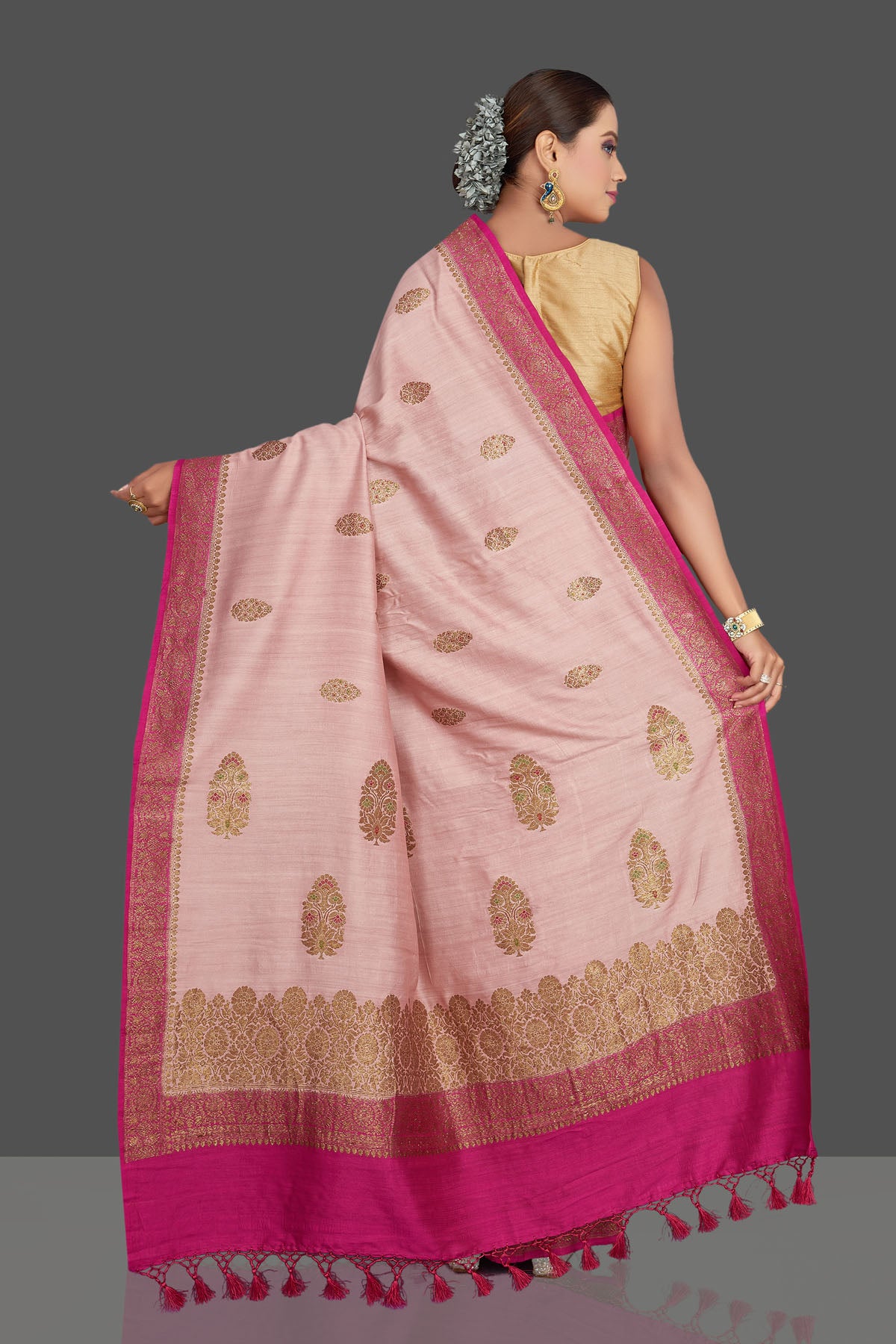 Buy beautiful light pink tussar Banarasi saree online in USA with dark pink border. Look your best on special occasions with stunning Banarasi saris, pure silk saris, tussar sarees, handwoven sarees from Pure Elegance Indian saree store in USA.-back