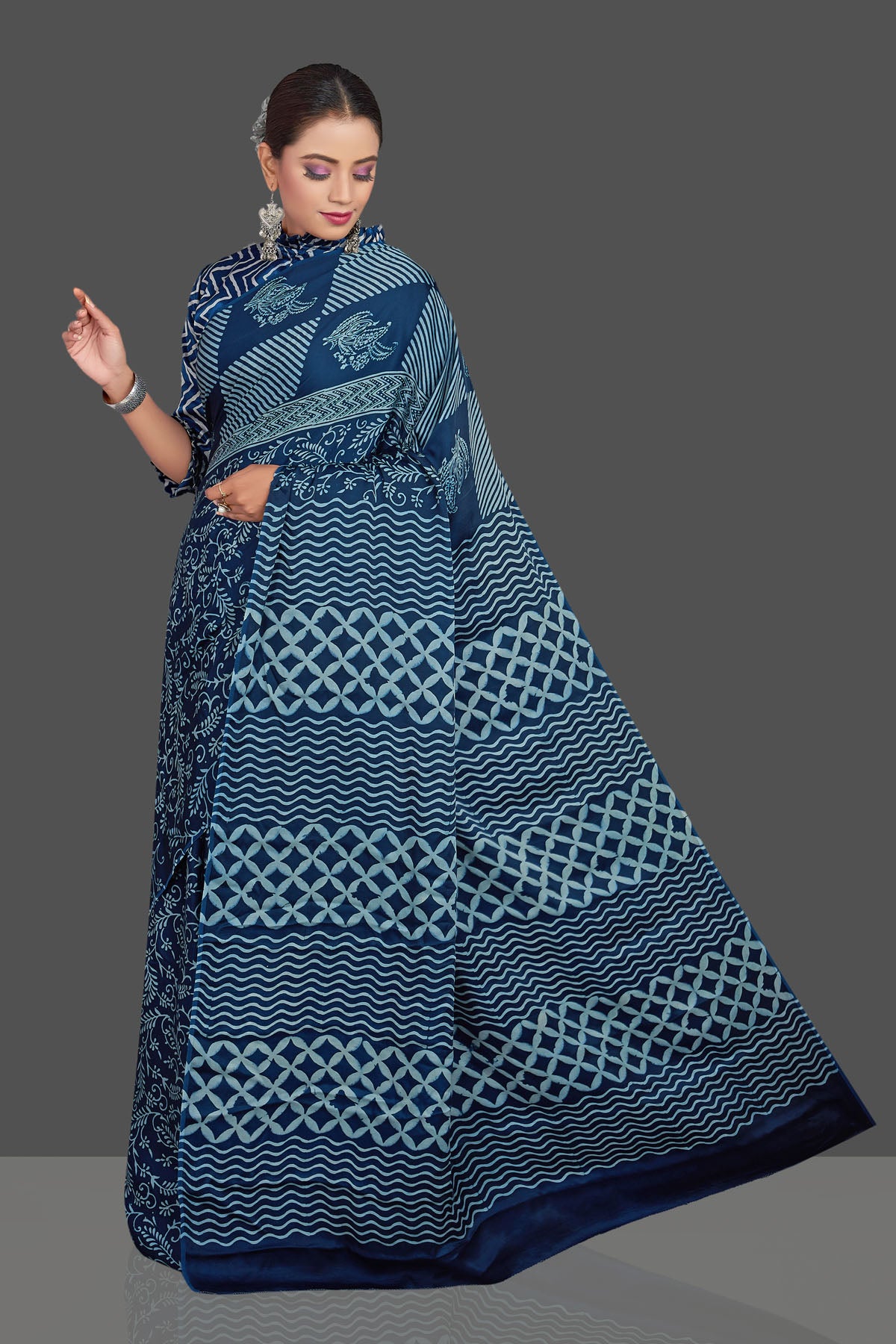 Shop stunning dark blue mix print modal silk saree online in USA. Make your presence felt on special occasions in beautiful embroidered sarees, handwoven sarees, pure silk sarees, tussar sarees from Pure Elegance Indian saree store in USA.-pallu