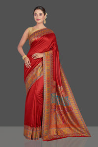 Buy stunning red Kani weave tussar muga silk sari online in USA. Make your presence felt on special occasions in beautiful embroidered sarees, handwoven saris, pure silk saris, tussar sarees from Pure Elegance Indian saree store in USA.-full view