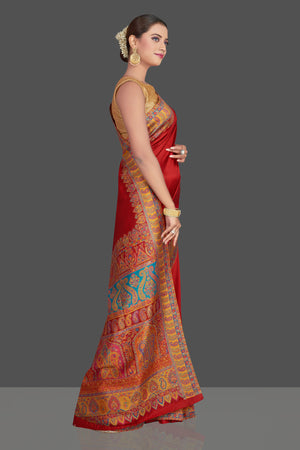 Buy stunning red Kani weave tussar muga silk sari online in USA. Make your presence felt on special occasions in beautiful embroidered sarees, handwoven saris, pure silk saris, tussar sarees from Pure Elegance Indian saree store in USA.-right