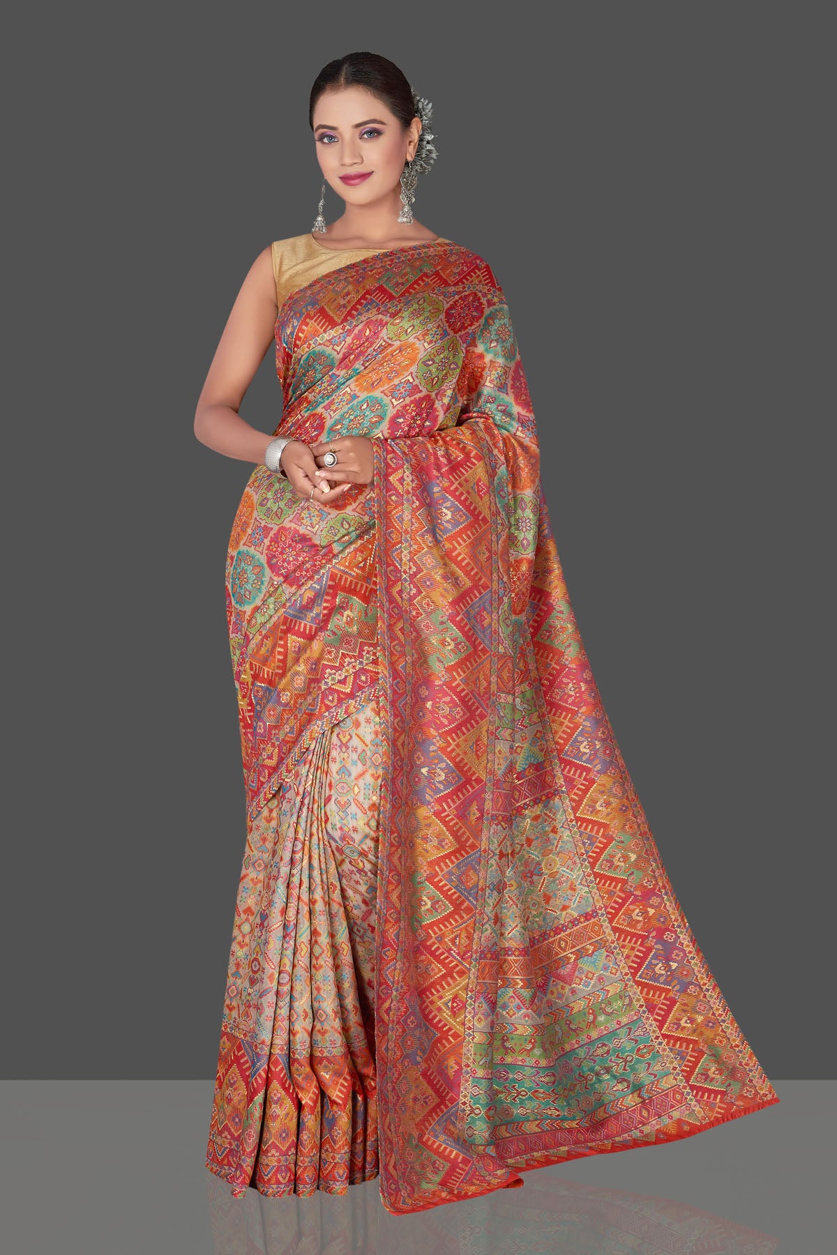 Buy beautiful multicolor Kani weave tussar muga silk saree online in USA. Make your presence felt on special occasions in beautiful embroidered sarees, handwoven saris, pure silk saris, tussar sarees from Pure Elegance Indian saree store in USA.-front