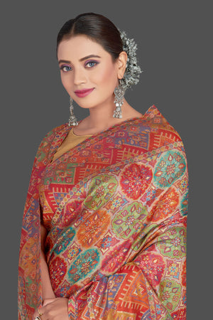 Buy beautiful multicolor Kani weave tussar muga silk saree online in USA. Make your presence felt on special occasions in beautiful embroidered sarees, handwoven saris, pure silk saris, tussar sarees from Pure Elegance Indian saree store in USA.-closeup