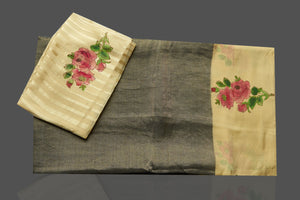 Shop stunning dull gold tissue saree online in USA with floral print border. Shop designer sarees, printed sarees, embroidered sarees, crepe sarees in USA from Pure Elegance Indian fashion store in USA.-blouse