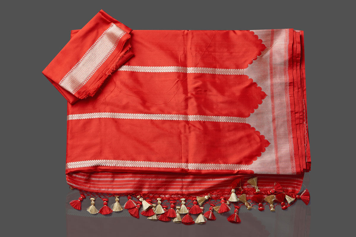Shop stunning red Katan silk saree online in USA with golden zari border. Be the talk of the occasion in beautiful designer sarees, tussar silk saris, georgette sarees, handloom sarees, pure silk sarees from Pure Elegance Indian saree store in USA.-blouse