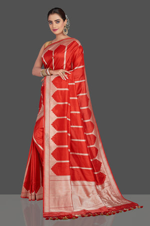 Shop stunning red Katan silk saree online in USA with golden zari border. Be the talk of the occasion in beautiful designer sarees, tussar silk saris, georgette sarees, handloom sarees, pure silk sarees from Pure Elegance Indian saree store in USA.-full view