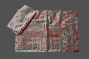 Buy stunning grey Kani weave tussar muga sari online in USA. Shop designer sarees, printed sarees, embroidered sarees, crepe sarees, handwoven silk sarees in USA from Pure Elegance Indian fashion store in USA.-blouse