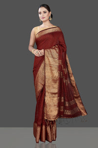 Buy stunning brown check matka silk saree online in USA with golden zari border. Be the talk of the occasion in exquisite designer sarees, pure silk sarees, tussar saris, embroidered sarees, handloom saris from Pure Elegance Indian fashion store in USA.-full view
