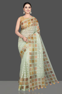 Buy beautiful mint green organza saree online in USA with multicolor square border. Look attractive on weddings and parties in beautiful designer sarees, pure silk sarees, handwoven saris, embroidered sarees, zari work sarees from Pure Elegance Indian saree store in USA.-full view