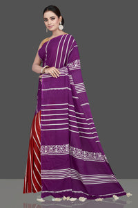 Buy gorgeous purple and red striped modal silk saree online in USA. Be the highlight of the occasion in beautiful pure silk saree, designer saris, handloom sarees, embroidered sarees, Kanchipuram sarees, Banarasi saris from Pure Elegance Indian saree store in USA.-full view