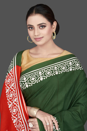 90L094 Green and Red Modal Silk Saree with Printed White Border