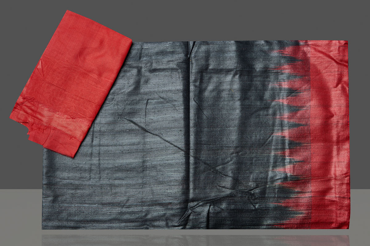 Shop beautiful black Gopalpur tussar silk saree online in USA with red temple border. Flaunt ethnic fashion on special occasions in stunning georgette sarees, designer saris, embroidered sarees, pure silk sarees, Kanchipuram saris from Pure Elegance Indian fashion store in USA.-blouse