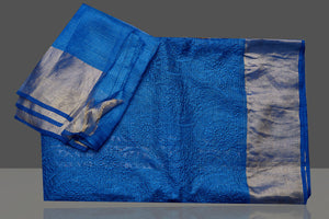 Shop gorgeous blue Kota tussar saree online in USA with golden zari border. Flaunt ethnic fashion on special occasions in stunning georgette sarees, designer saris, embroidered sarees, pure silk sarees, Kanchipuram sarees from Pure Elegance Indian fashion store in USA.-blouse