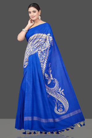 Shop beautiful Indigo blue Muga Banarasi saree online in USA with zari work. Get your hands on beautiful Indian handloom sarees, pure silk saris, designer sarees, embroidered sarees, Banarasi sarees from Pure Elegance Indian fashion store in USA.-pallu