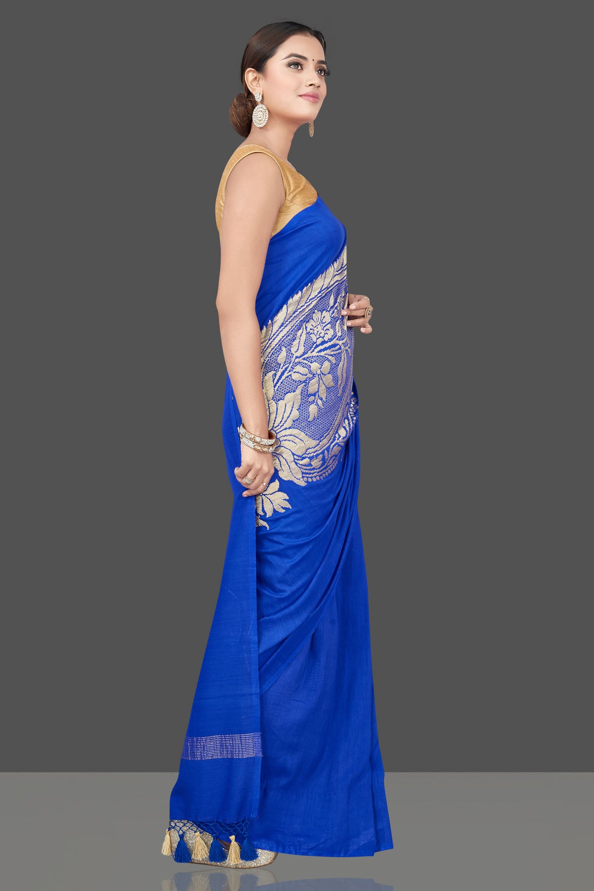 Shop beautiful Indigo blue Muga Banarasi saree online in USA with zari work. Get your hands on beautiful Indian handloom sarees, pure silk saris, designer sarees, embroidered sarees, Banarasi sarees from Pure Elegance Indian fashion store in USA.-side