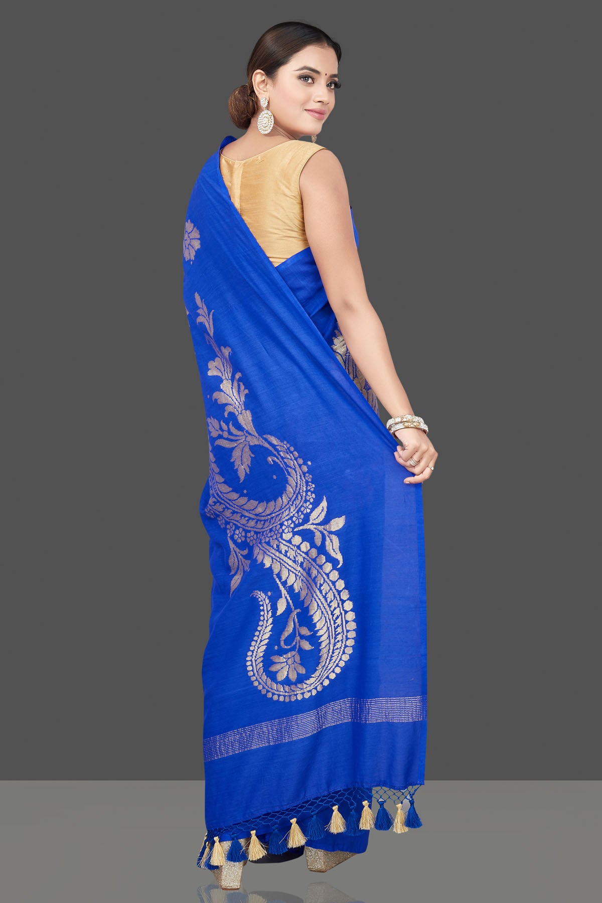 Shop beautiful Indigo blue Muga Banarasi saree online in USA with zari work. Get your hands on beautiful Indian handloom sarees, pure silk saris, designer sarees, embroidered sarees, Banarasi sarees from Pure Elegance Indian fashion store in USA.-back
