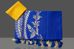 Shop beautiful Indigo blue Muga Banarasi saree online in USA with zari work. Get your hands on beautiful Indian handloom sarees, pure silk saris, designer sarees, embroidered sarees, Banarasi sarees from Pure Elegance Indian fashion store in USA.-blouse