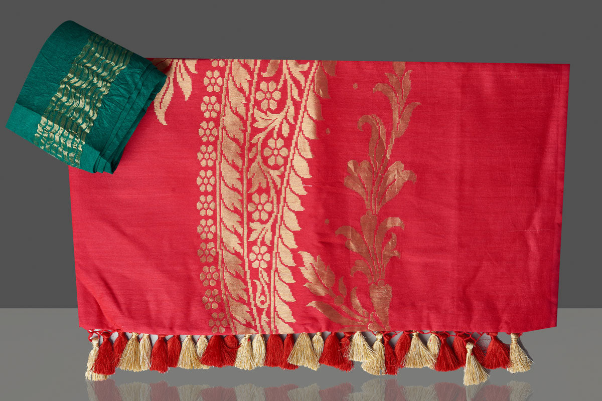 Buy beautiful tomato red Muga Banarasi saree online in USA with zari work. Get your hands on beautiful Indian handloom sarees, pure silk saris, designer sarees, embroidered sarees, Banarasi sarees from Pure Elegance Indian fashion store in USA.-blouse