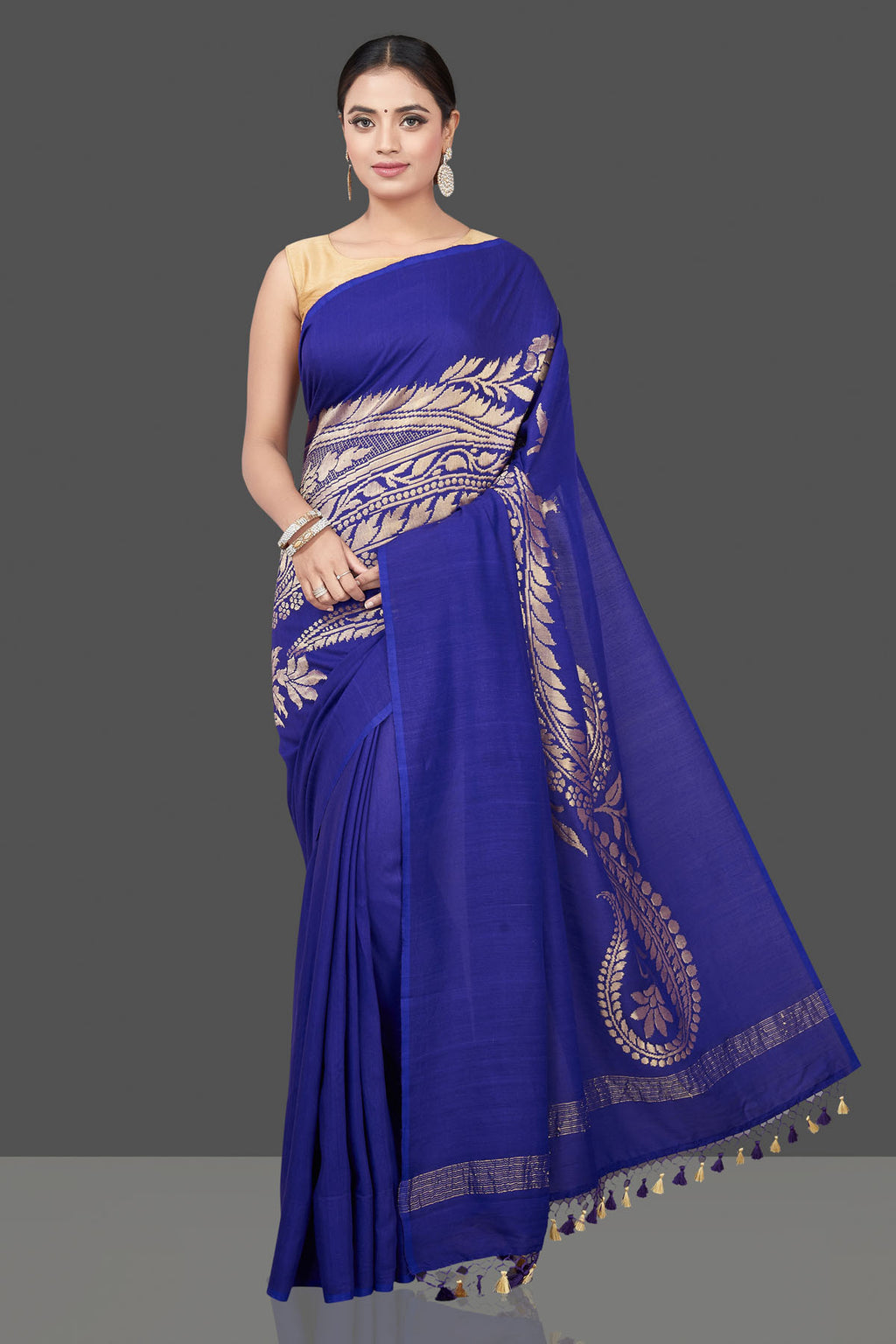 Shop stunning blue Muga Banarasi sari online in USA with zari work. Get your hands on beautiful Indian handloom sarees, pure silk saris, designer sarees, embroidered sarees, Banarasi sarees from Pure Elegance Indian fashion store in USA.-full view