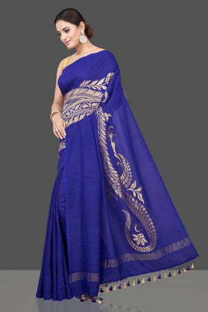 Shop stunning blue Muga Banarasi sari online in USA with zari work. Get your hands on beautiful Indian handloom sarees, pure silk saris, designer sarees, embroidered sarees, Banarasi sarees from Pure Elegance Indian fashion store in USA.-pallu