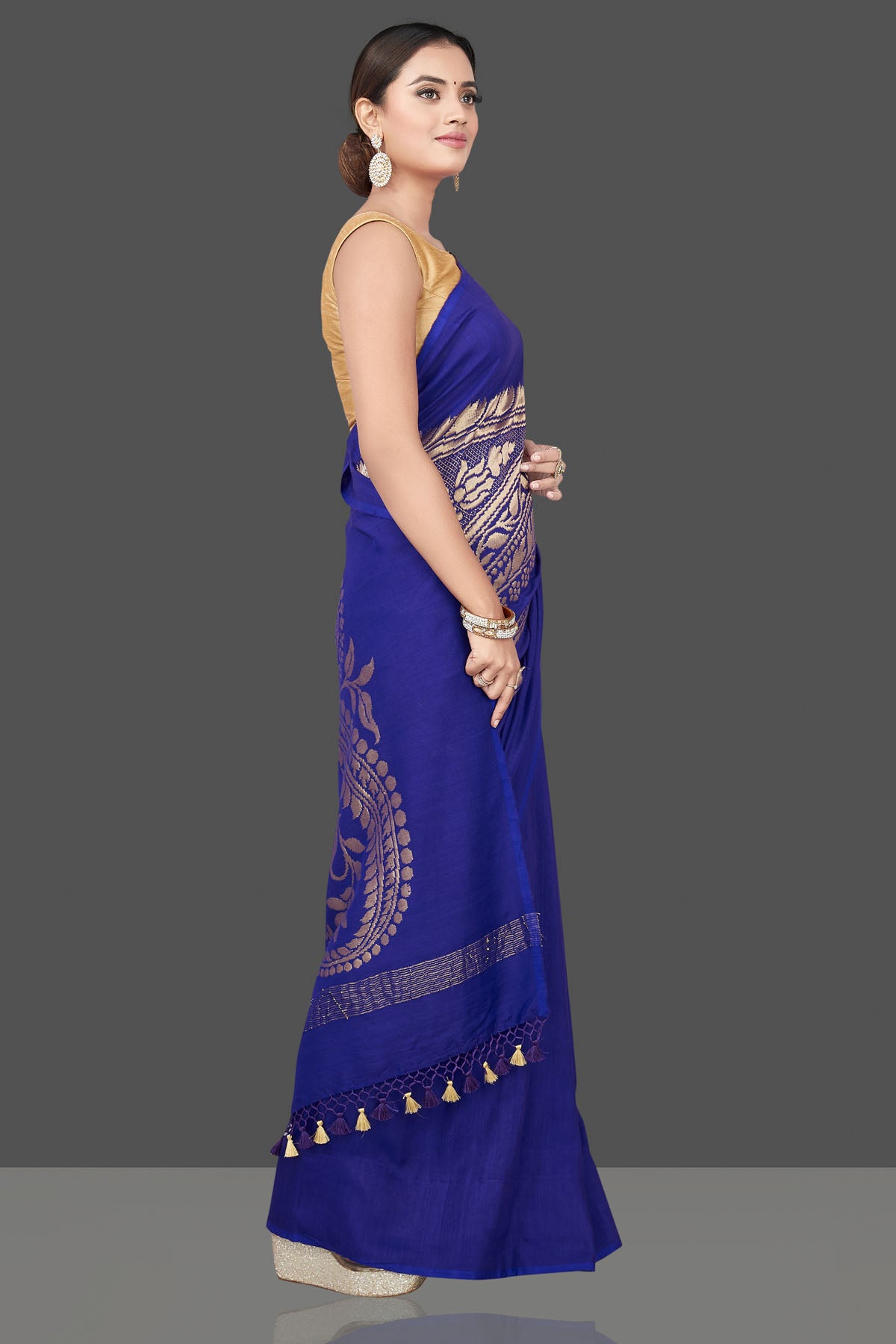 Shop stunning blue Muga Banarasi sari online in USA with zari work. Get your hands on beautiful Indian handloom sarees, pure silk saris, designer sarees, embroidered sarees, Banarasi sarees from Pure Elegance Indian fashion store in USA.-side