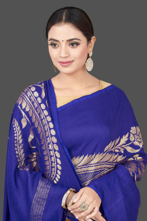 Shop stunning blue Muga Banarasi sari online in USA with zari work. Get your hands on beautiful Indian handloom sarees, pure silk saris, designer sarees, embroidered sarees, Banarasi sarees from Pure Elegance Indian fashion store in USA.-closeup