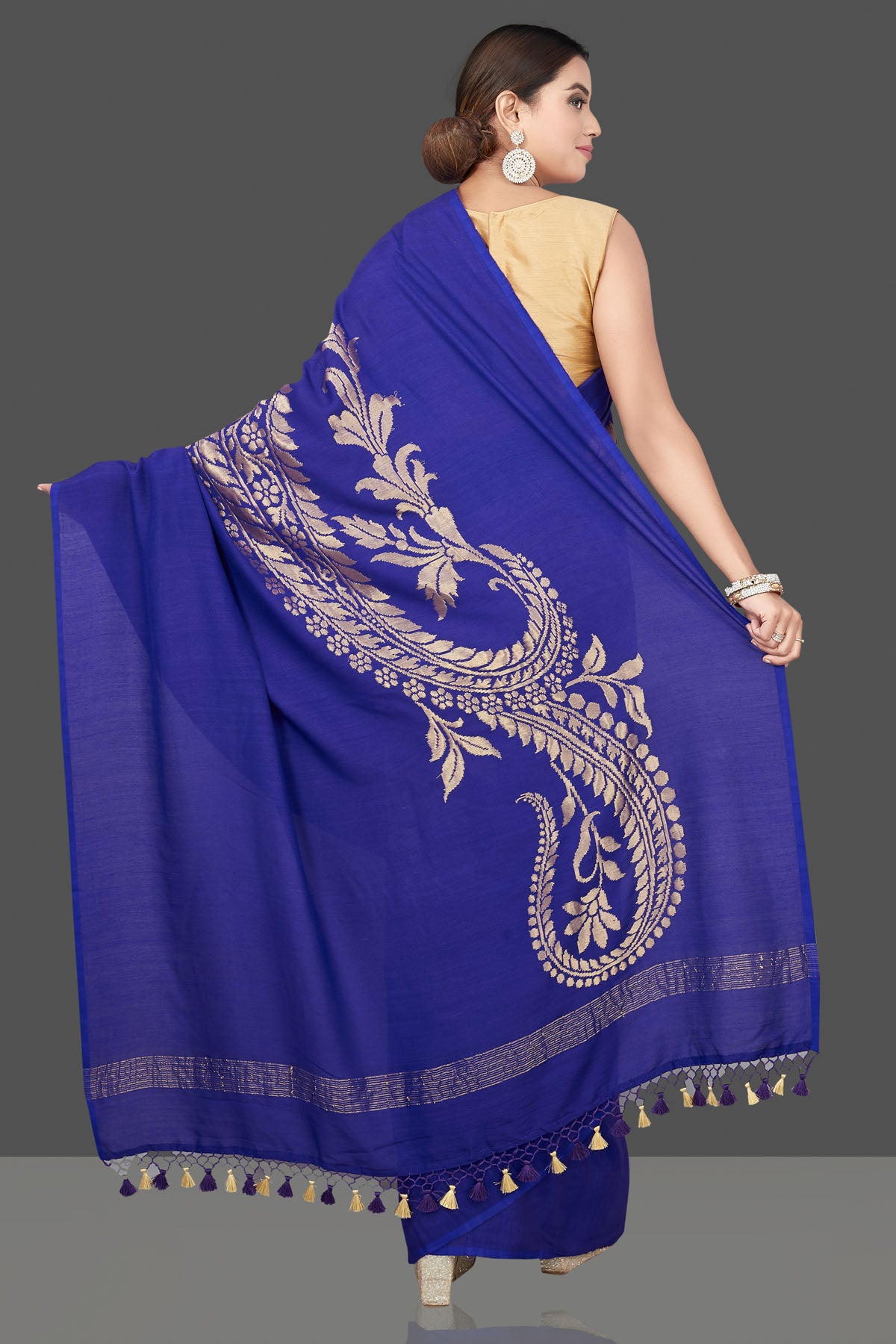 Shop stunning blue Muga Banarasi sari online in USA with zari work. Get your hands on beautiful Indian handloom sarees, pure silk saris, designer sarees, embroidered sarees, Banarasi sarees from Pure Elegance Indian fashion store in USA.-back