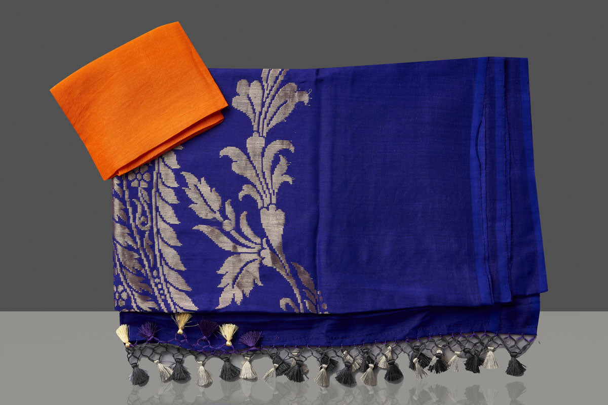 Shop stunning blue Muga Banarasi sari online in USA with zari work. Get your hands on beautiful Indian handloom sarees, pure silk saris, designer sarees, embroidered sarees, Banarasi sarees from Pure Elegance Indian fashion store in USA.-blouse